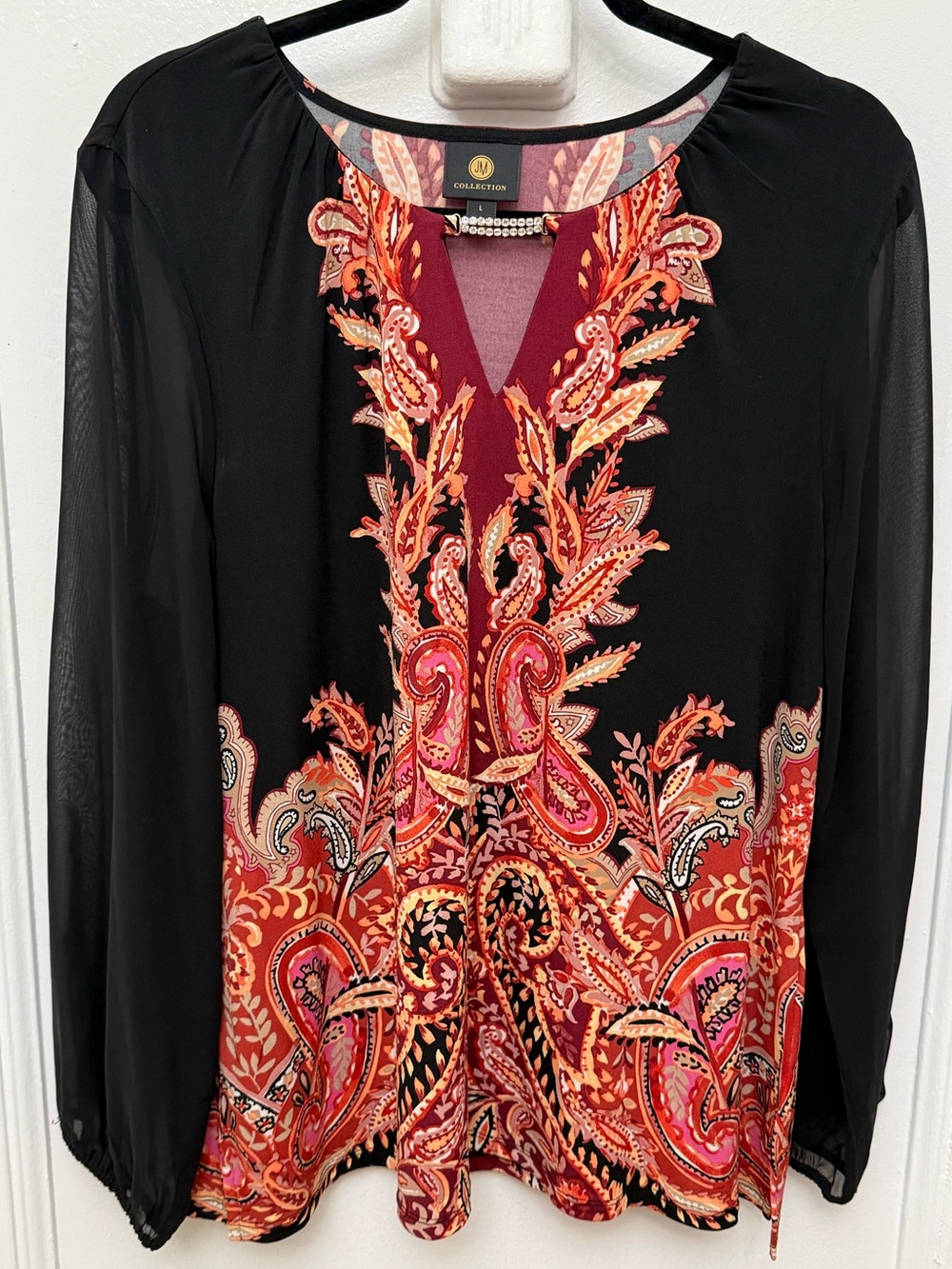 JM Collection Black Tunic Red Pink Orange Paisley Print Sheer Sleeves Size L
